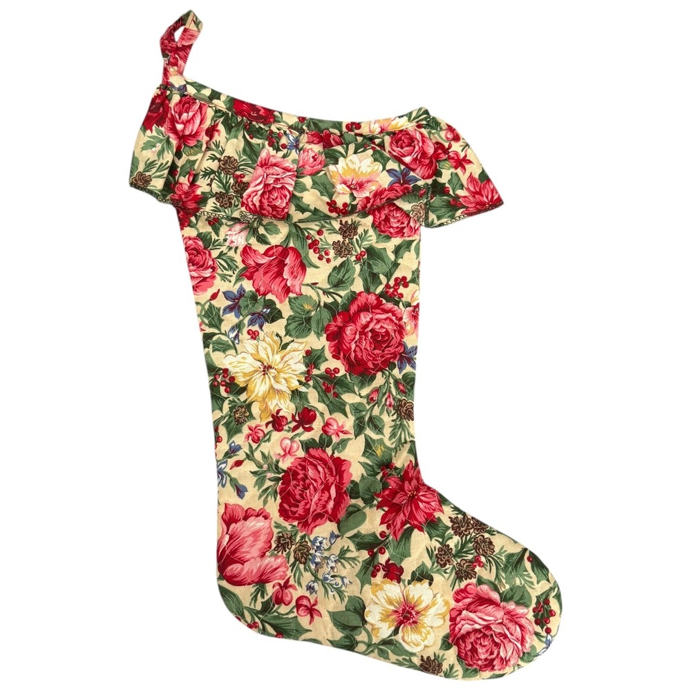 VTG Floral Christmas Stocking Ruffled Cuff Rose Holiday‎ Decor Cottage Coquette